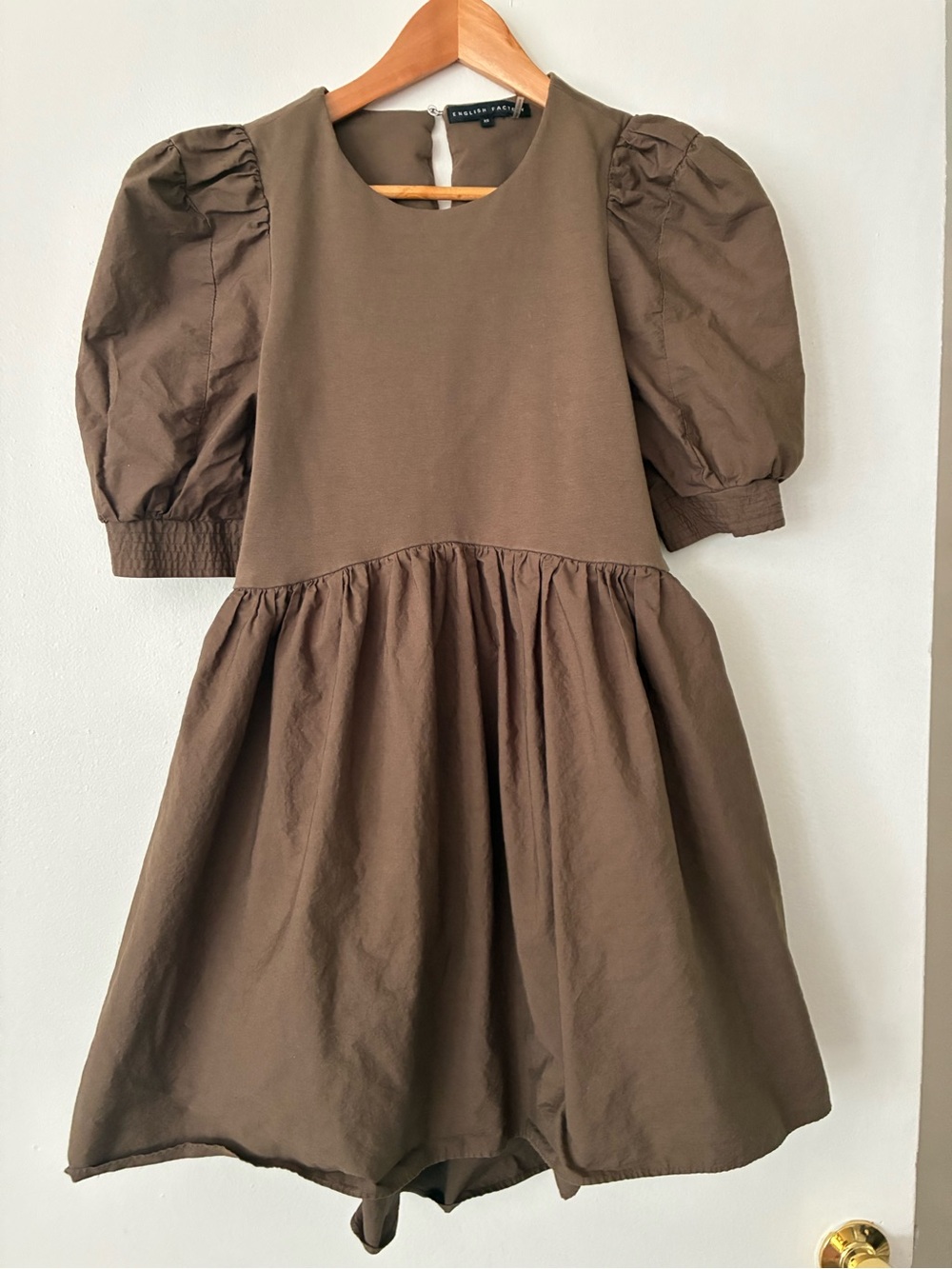 English Factory Olive-Brown Puff Sleeve Dress